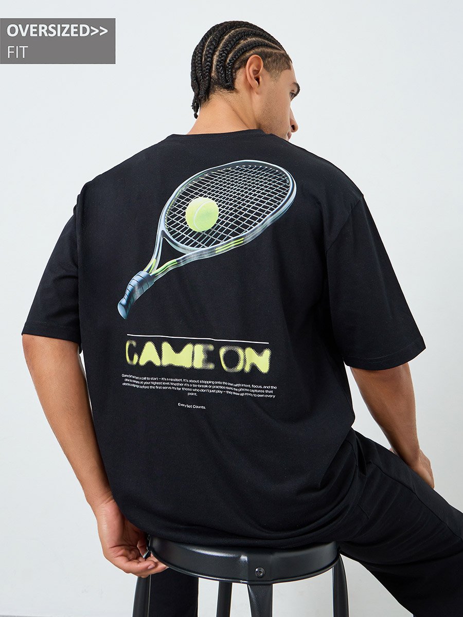 Men Black Oversized Tennis Graphic Jersey T-Shirt
