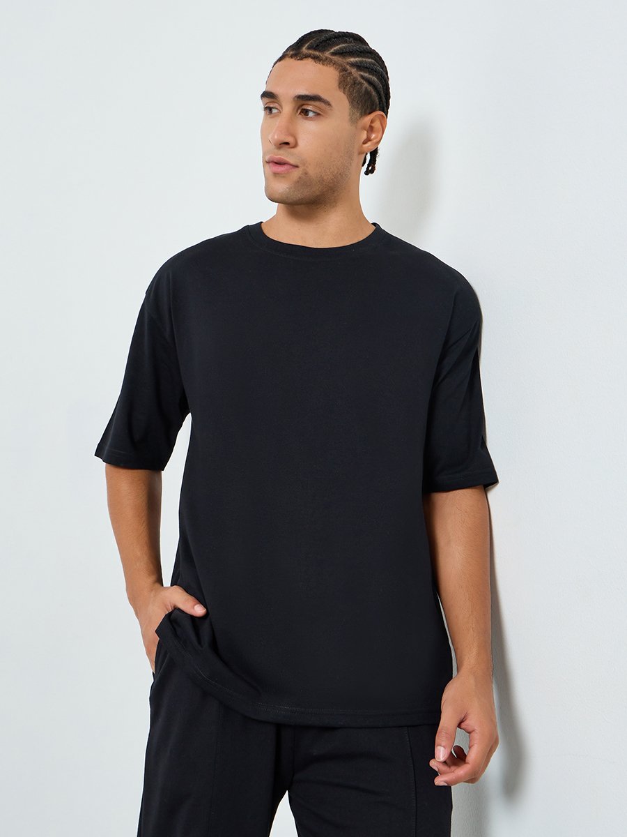 Men Black Oversized Tennis Graphic Jersey T-Shirt