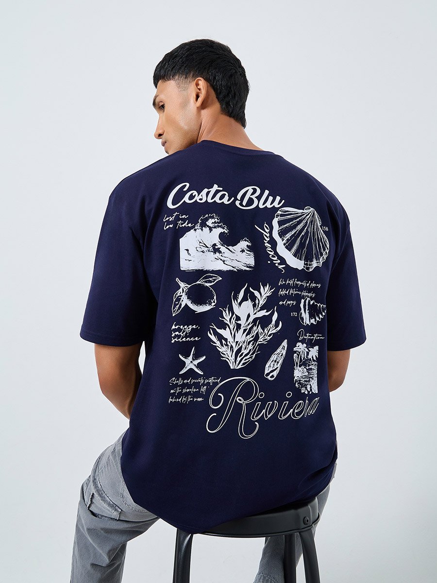 Men Navy Blue Graphic Print Oversized T-Shirt