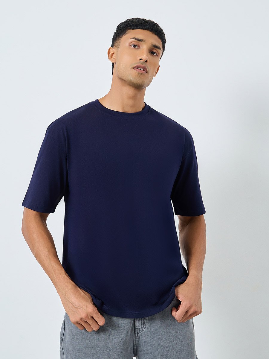 Men Navy Blue Graphic Print Oversized T-Shirt