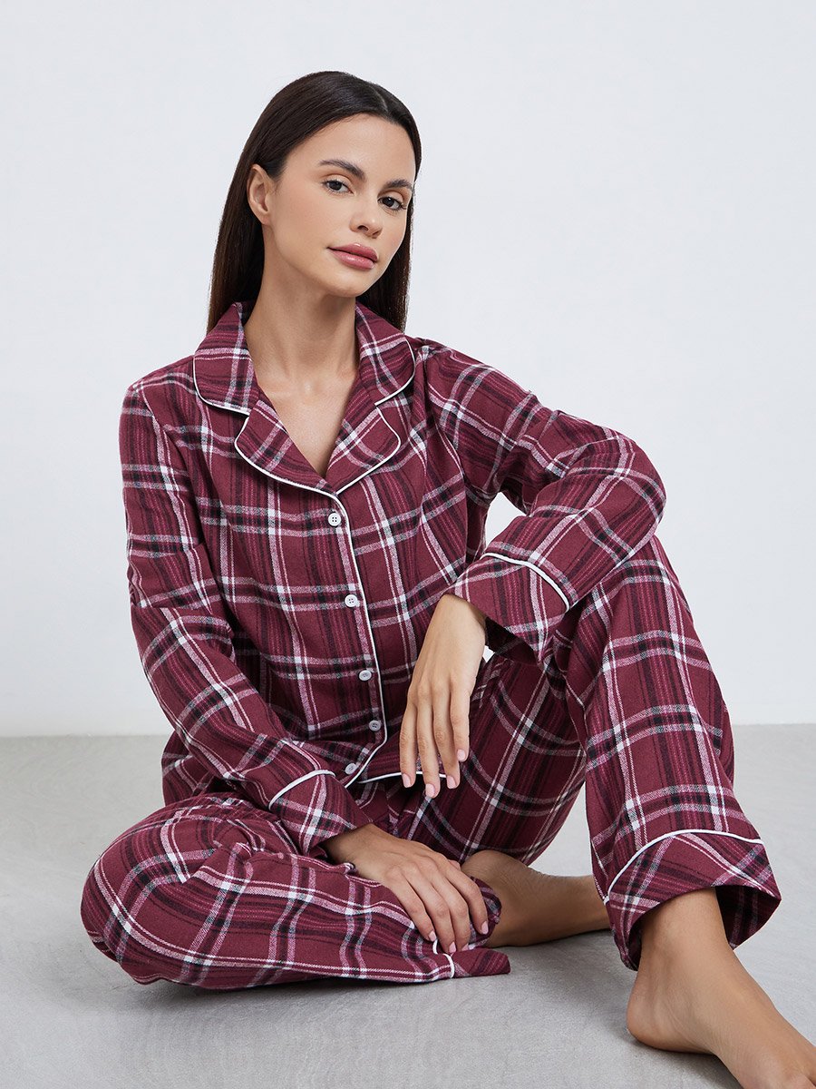 Checked Piped Detail Shirt and Pyjama Set