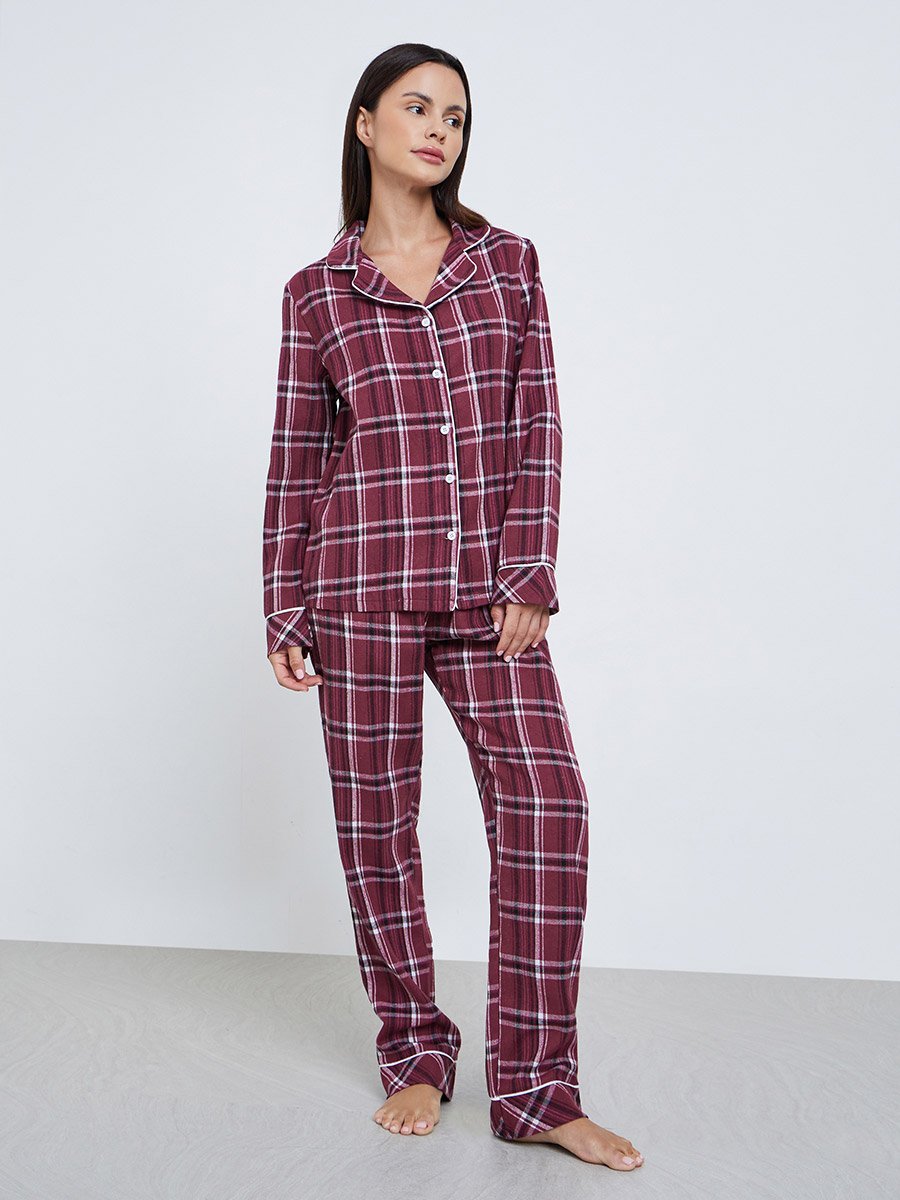Checked Piped Detail Shirt and Pyjama Set