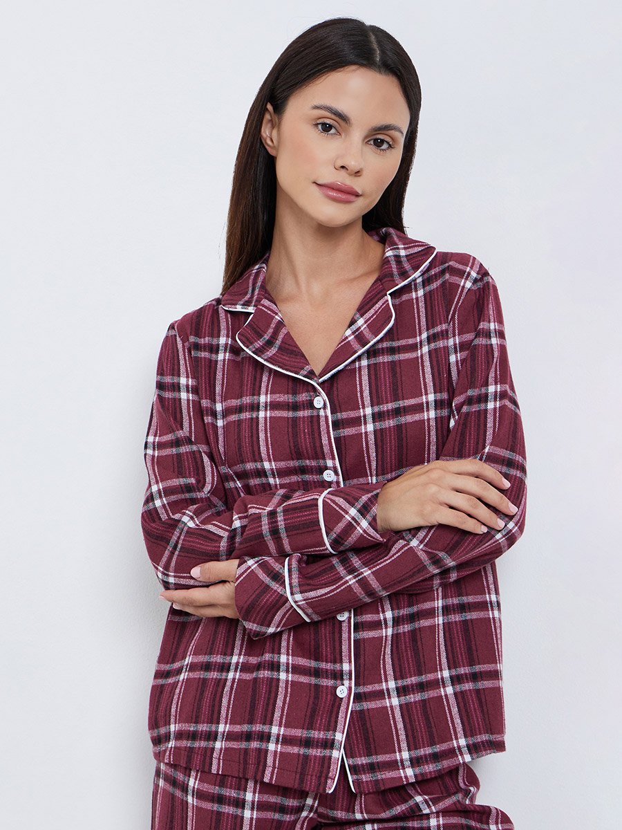 Checked Piped Detail Shirt and Pyjama Set