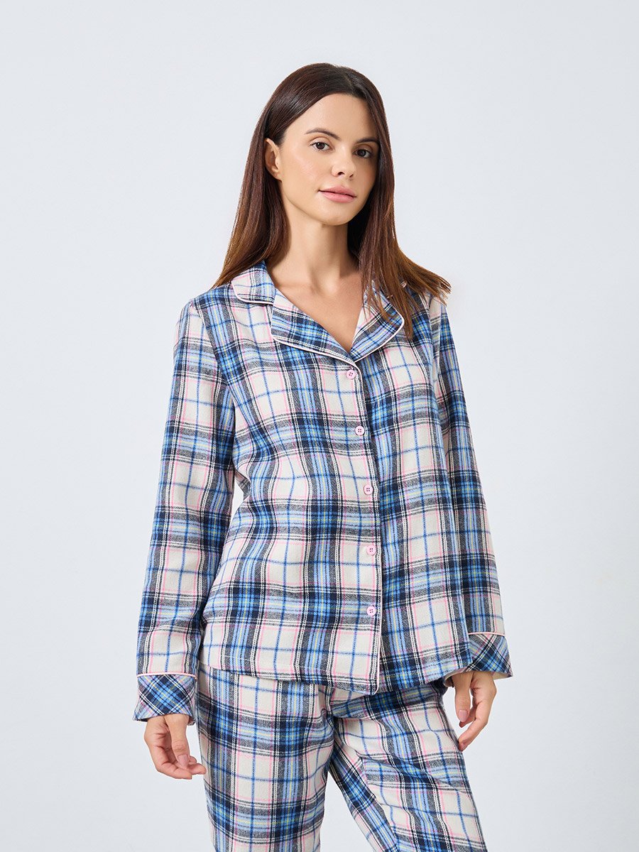 Check Button Placket Shirt and Pyjama Set