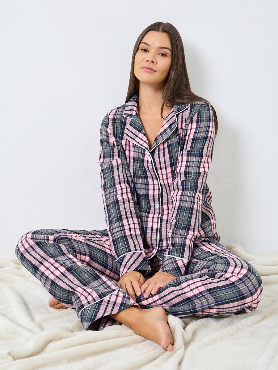 Checked Print Button Placket Piped Shirt and Pyjama Set