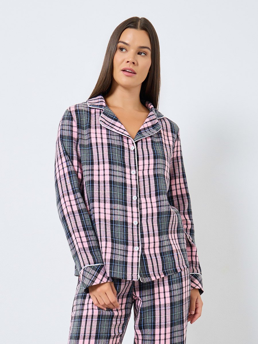 Checked Print Button Placket Piped Shirt and Pyjama Set