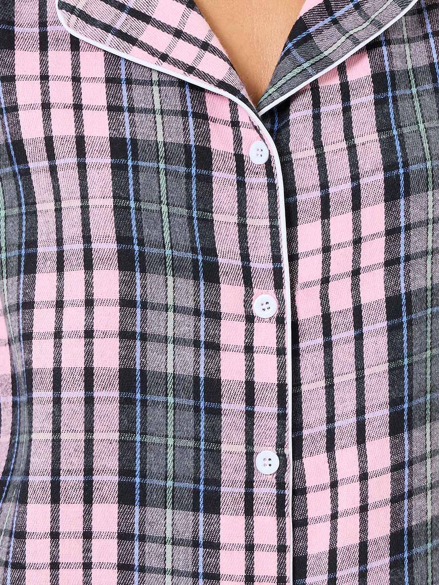 Checked Print Button Placket Piped Shirt and Pyjama Set
