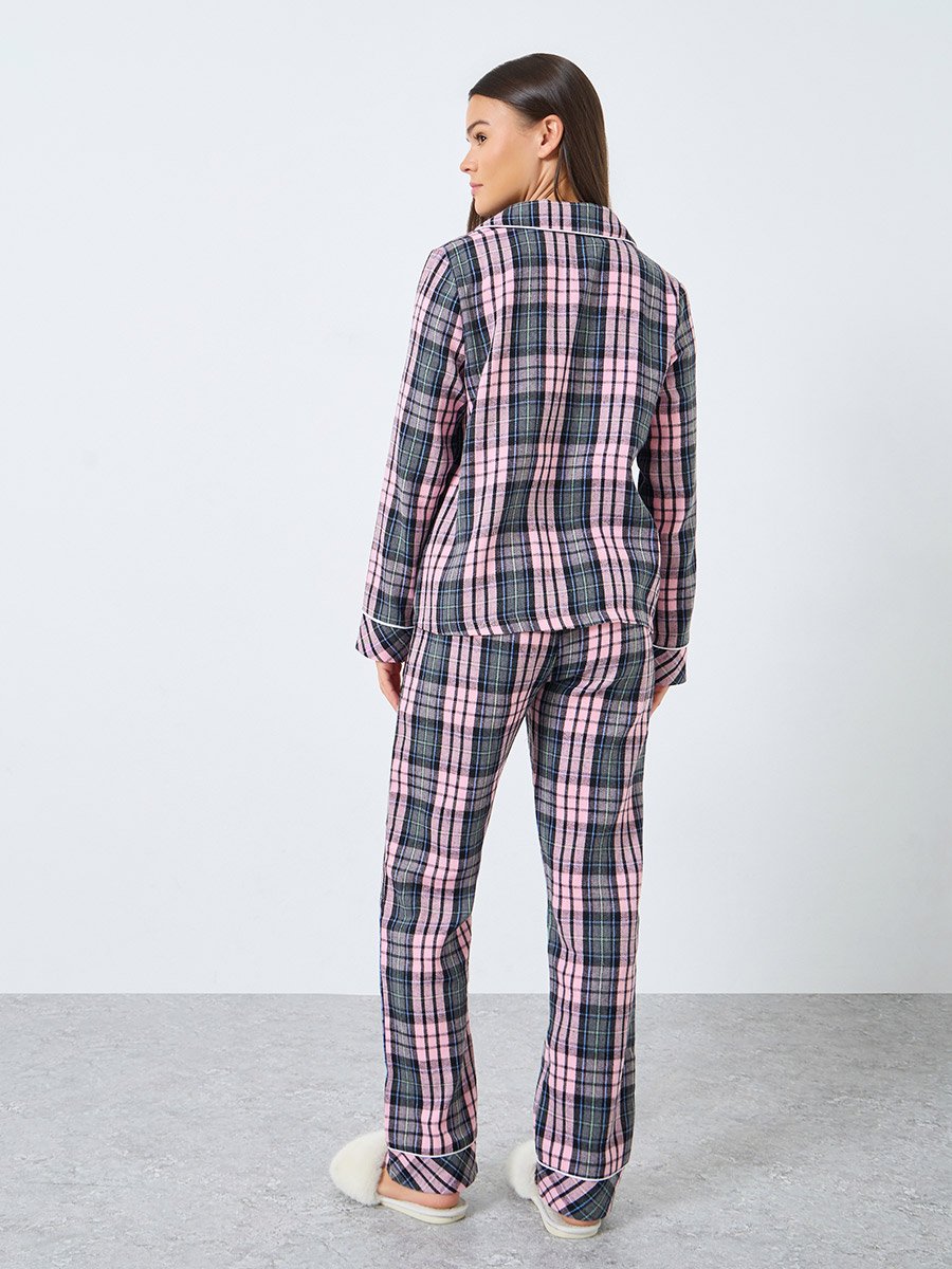 Checked Print Button Placket Piped Shirt and Pyjama Set