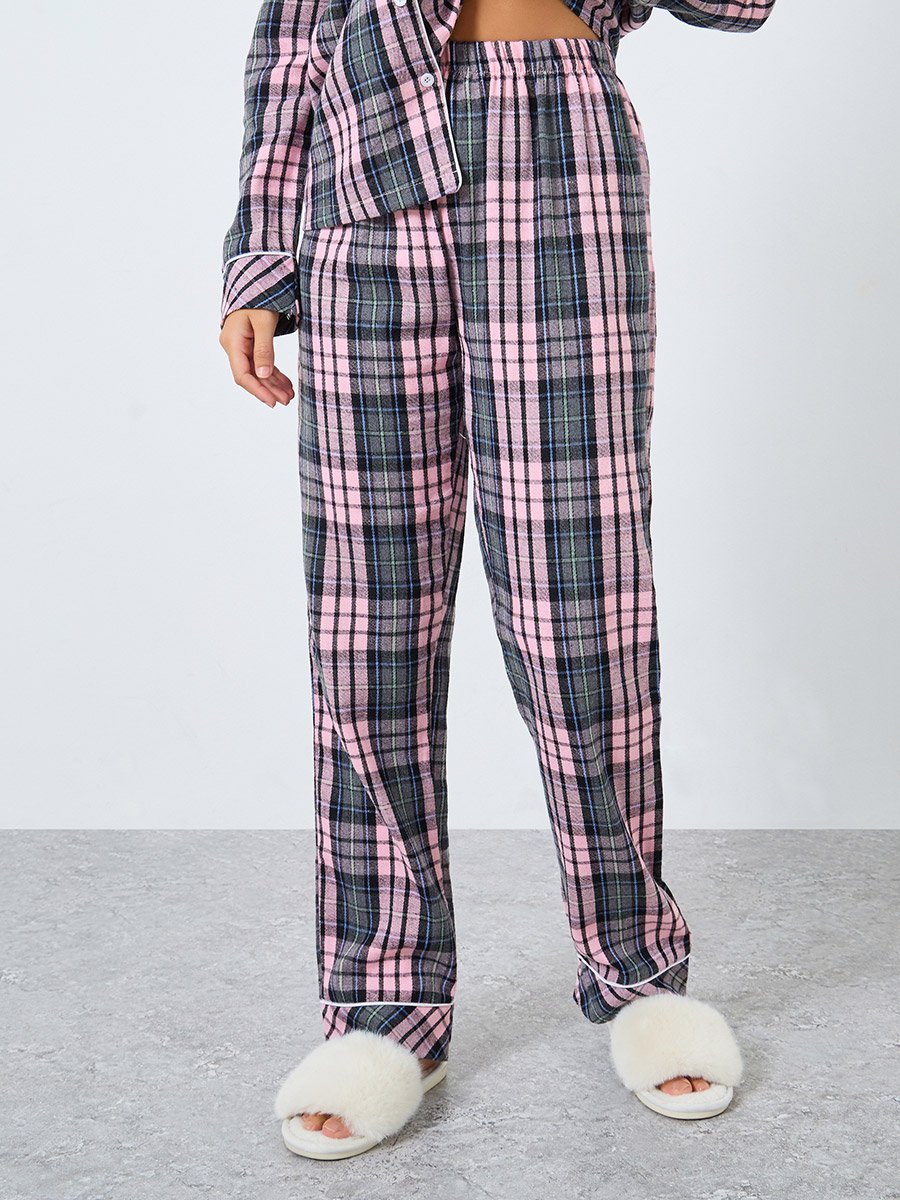 Checked Print Button Placket Piped Shirt and Pyjama Set