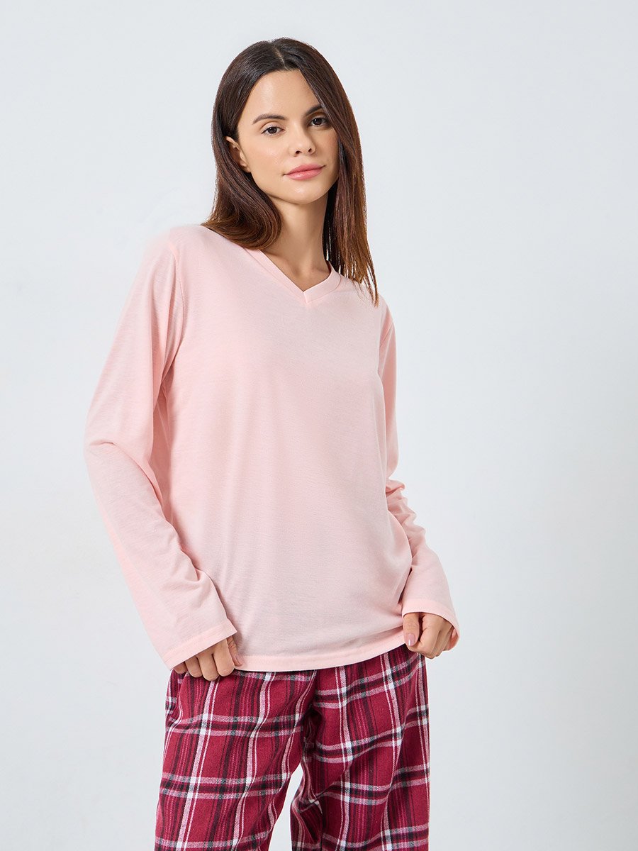 Solid Long Sleeves T-Shirt and Checked Pyjama Set