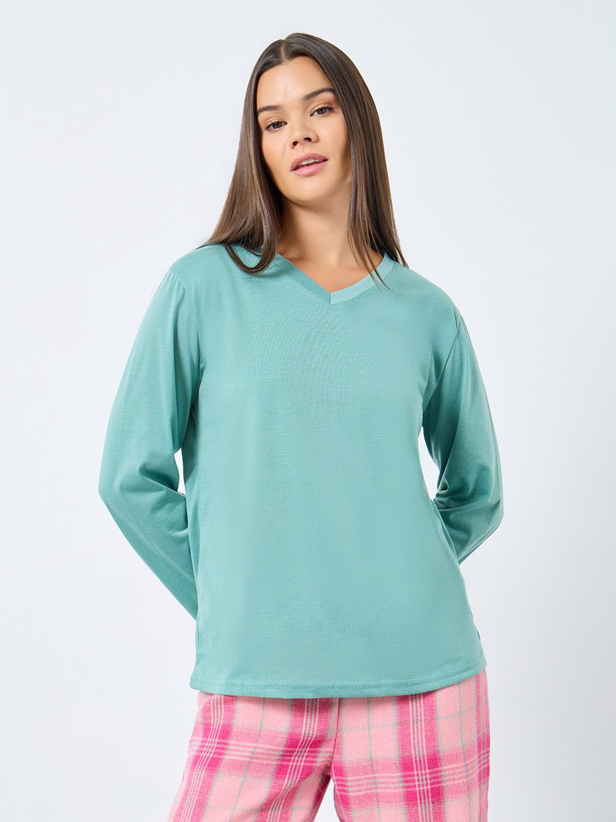 Solid Long Sleeves T-Shirt and Checked Pyjama Set
