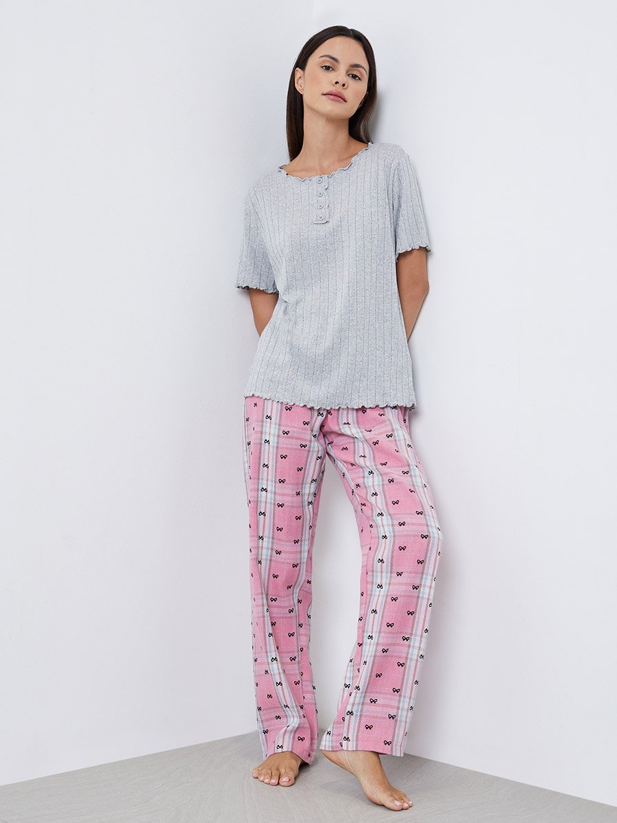 Textured Stripe Placket Front T-Shirt and Checked Pyjama Set