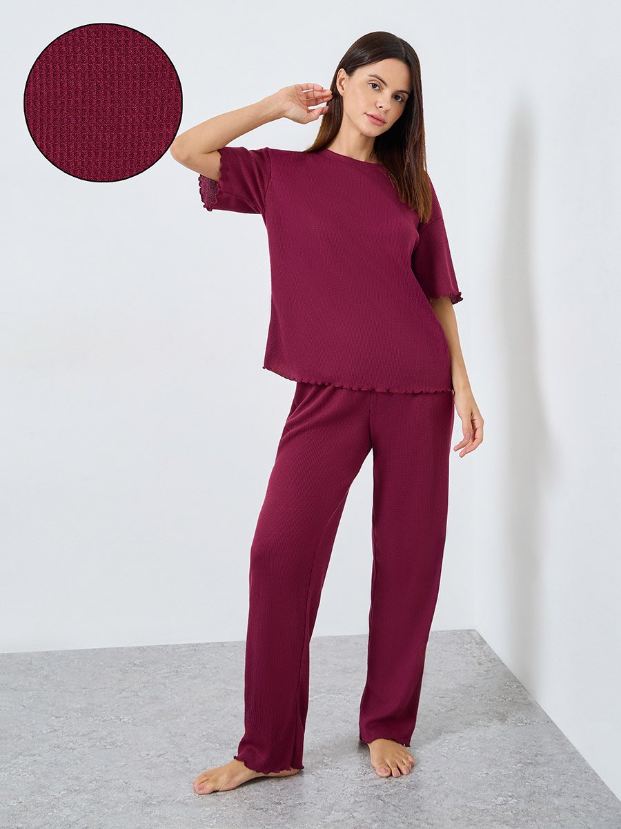 Waffle Knit Lettuce Hem Drop Shoulder T-Shirt and Pyjama Set