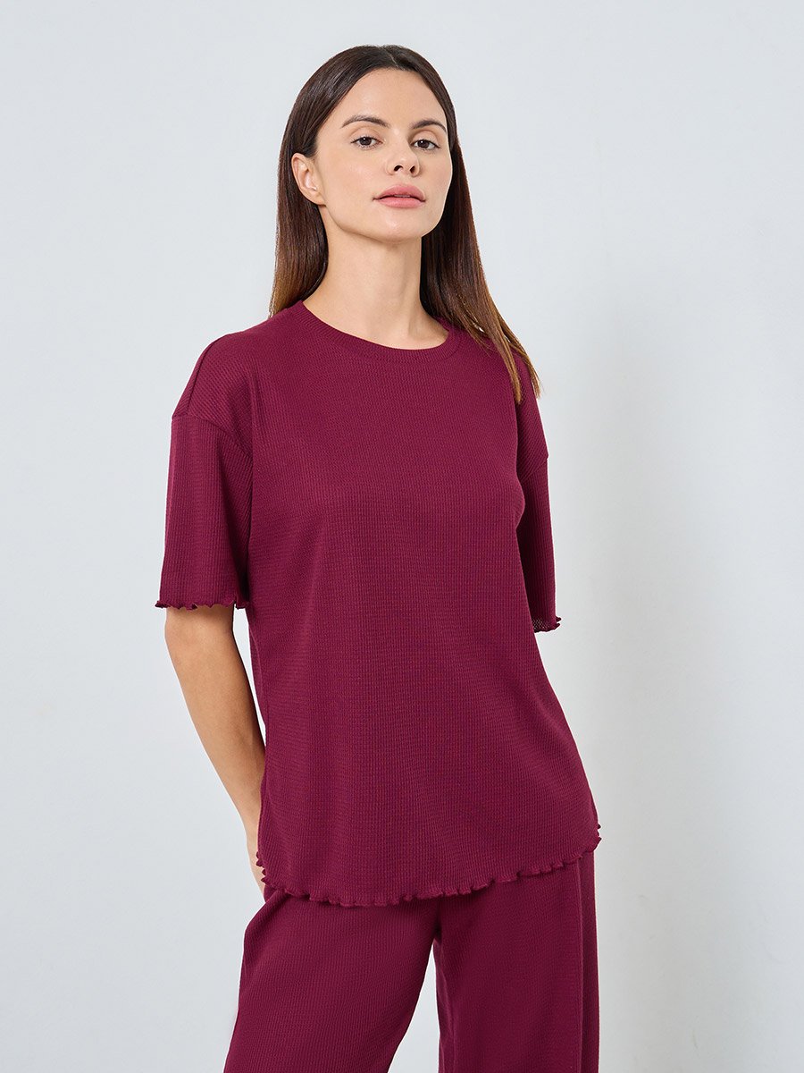 Waffle Knit Lettuce Hem Drop Shoulder T-Shirt and Pyjama Set
