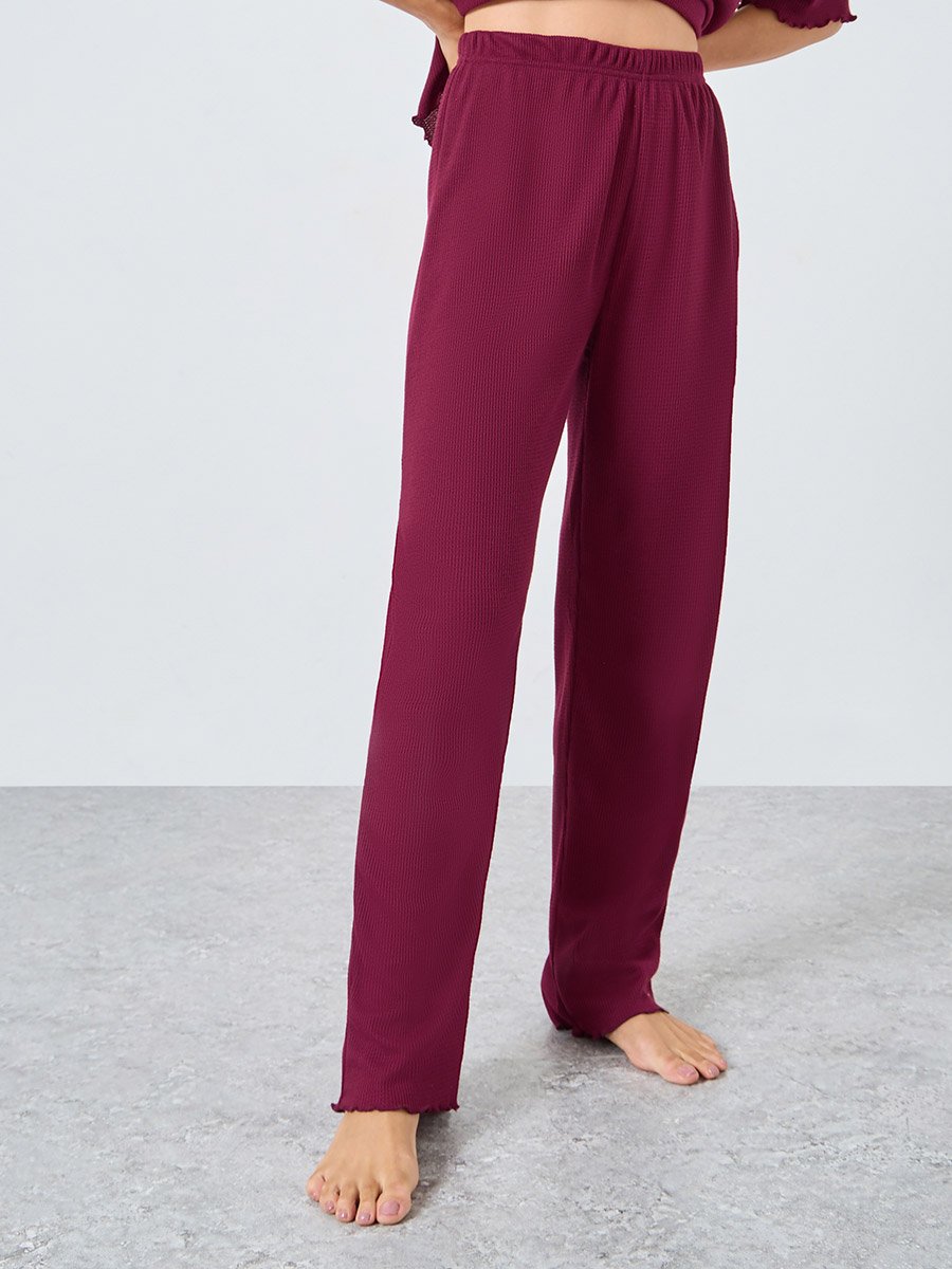 Waffle Knit Lettuce Hem Drop Shoulder T-Shirt and Pyjama Set
