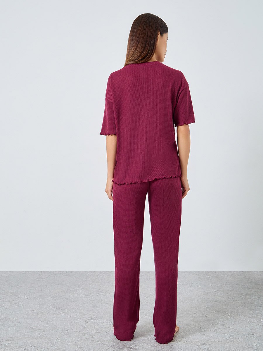 Waffle Knit Lettuce Hem Drop Shoulder T-Shirt and Pyjama Set