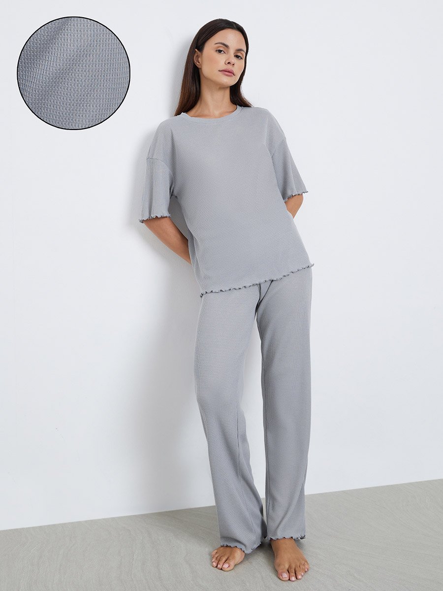 Waffle Knit Lettuce Hem Drop Shoulder T-Shirt and Pyjama Set