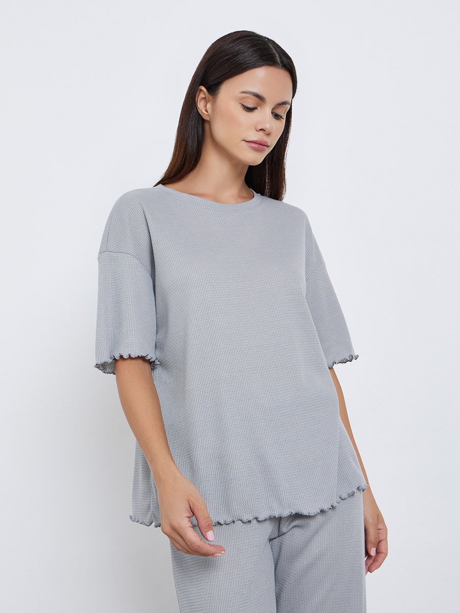 Waffle Knit Lettuce Hem Drop Shoulder T-Shirt and Pyjama Set