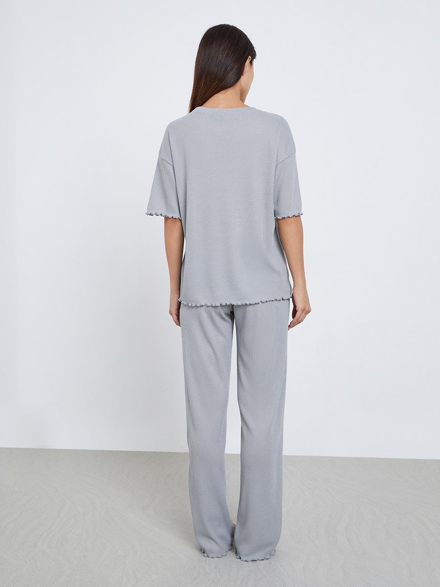 Waffle Knit Lettuce Hem Drop Shoulder T-Shirt and Pyjama Set