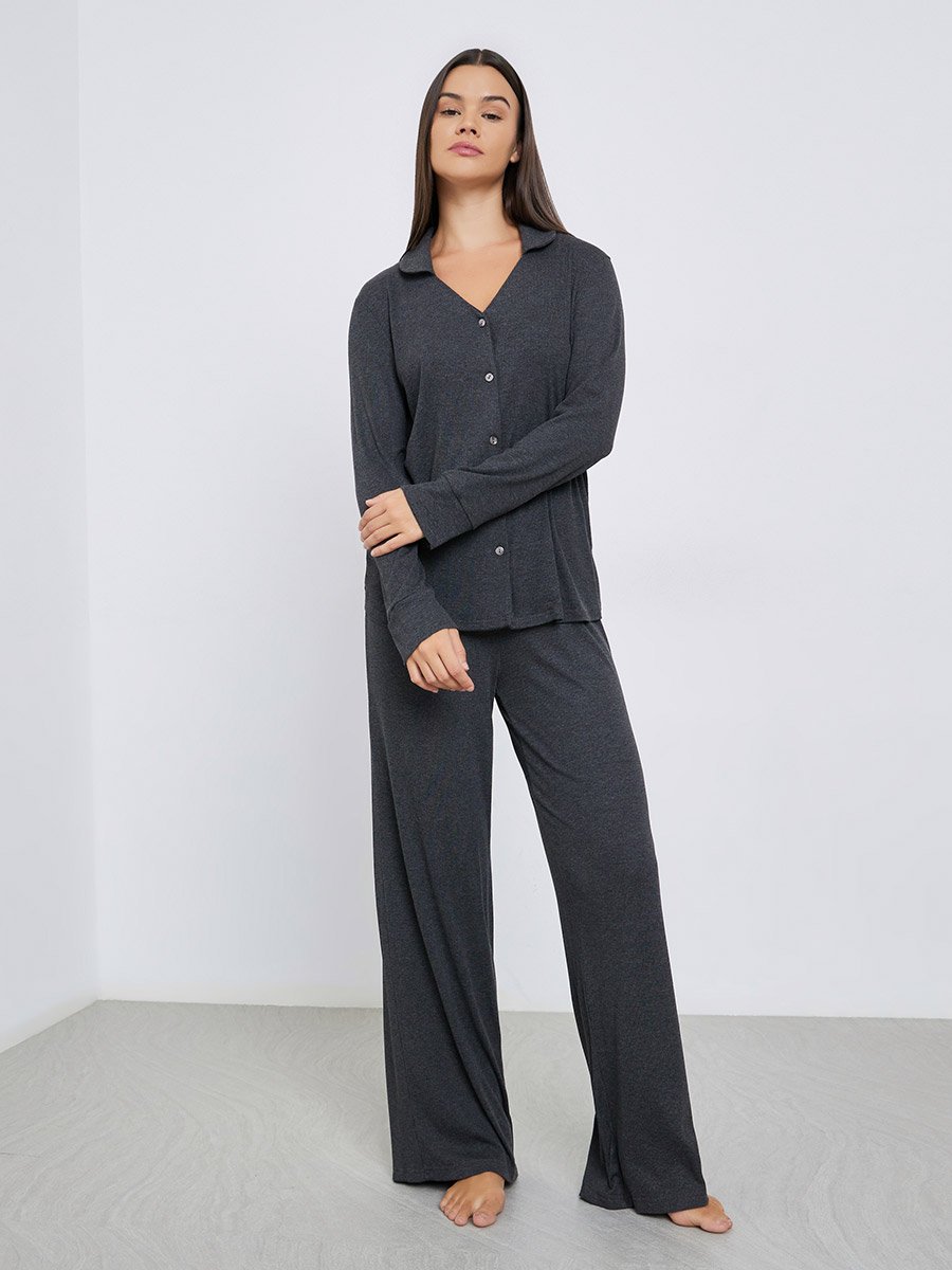 Supersoft Viscose Open Collar Buttoned Shirt and Pyjama Set