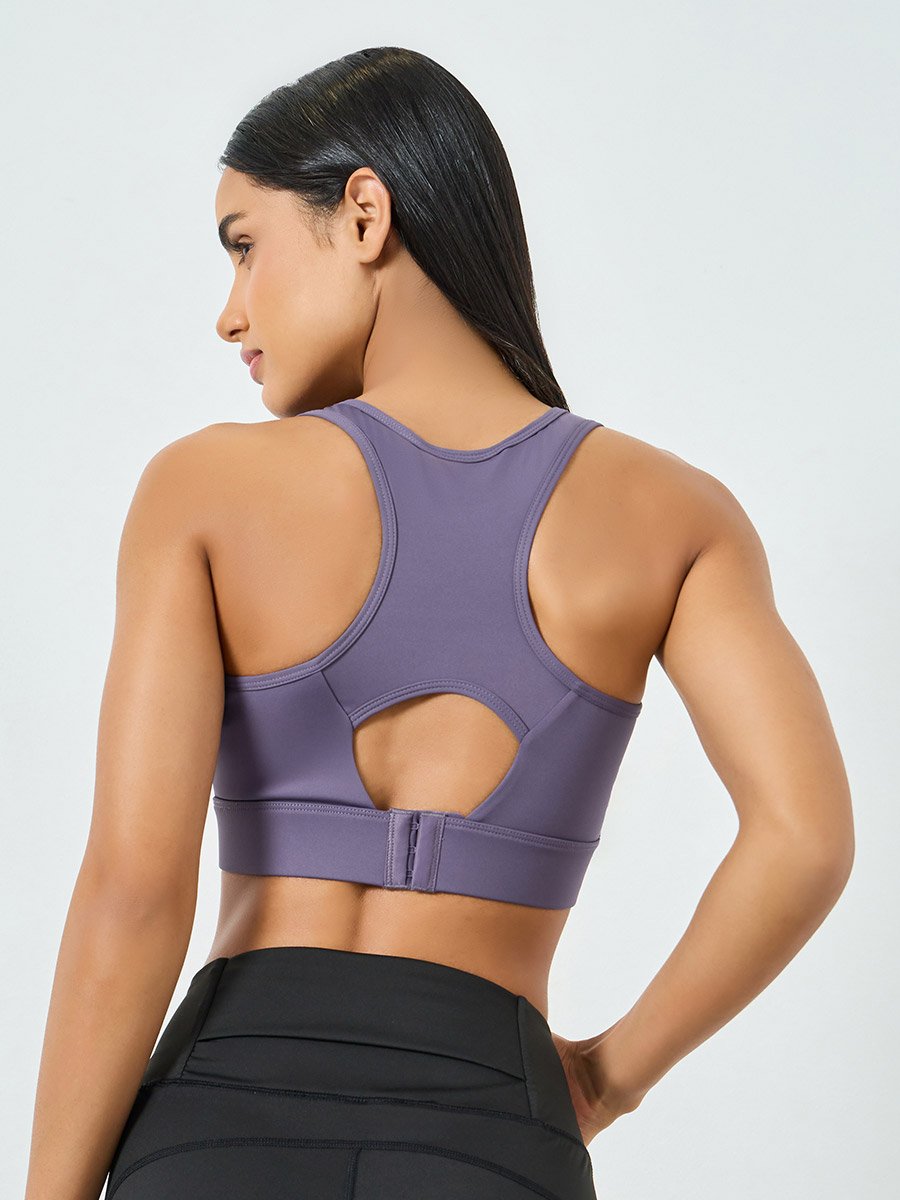 Purple Hook and Eye Back Peep Sports Bra - Medium Support