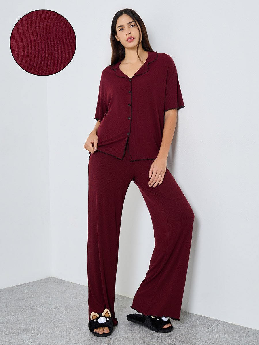 Supersoft Ribbed Lettuce Hem Shirt and Pyjama Set