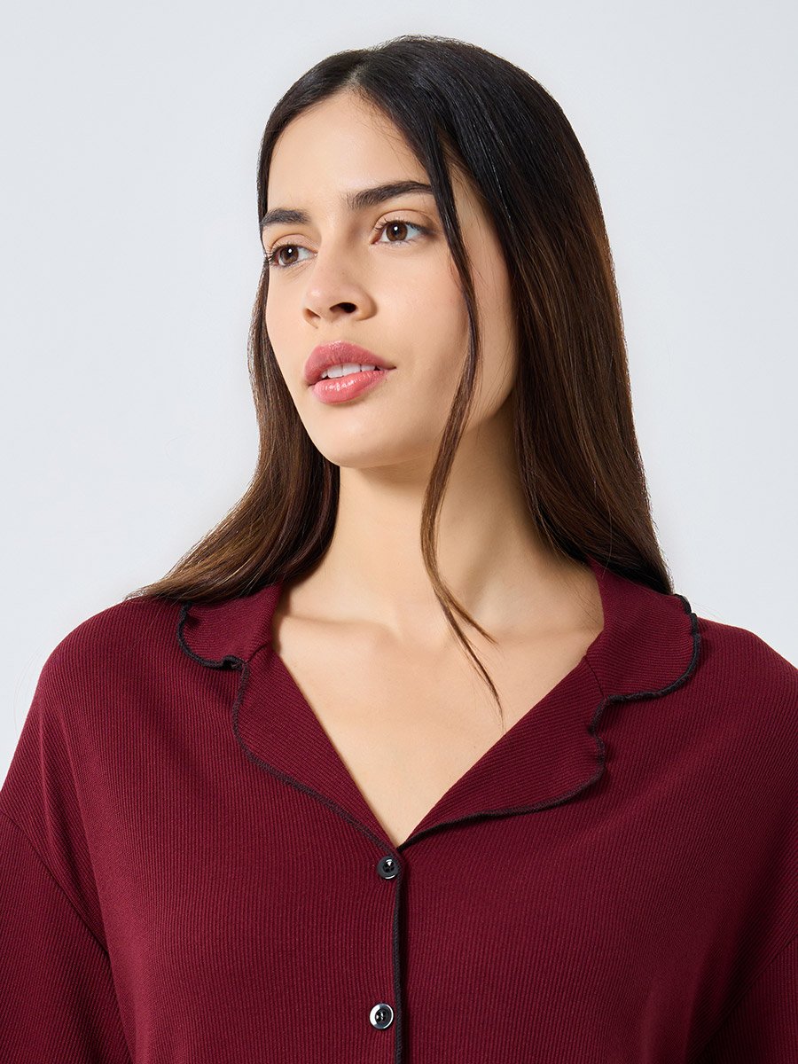 Supersoft Ribbed Lettuce Hem Shirt and Pyjama Set
