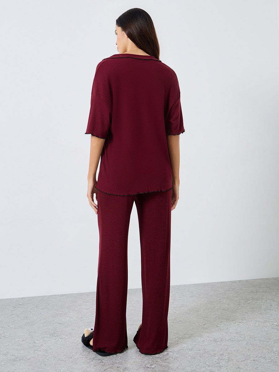 Supersoft Ribbed Lettuce Hem Shirt and Pyjama Set