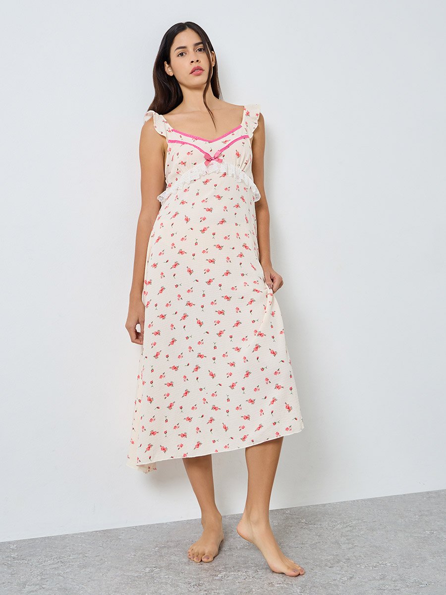 Ditsy Floral Lace Trim Ruffle Sleeve Slip Dress