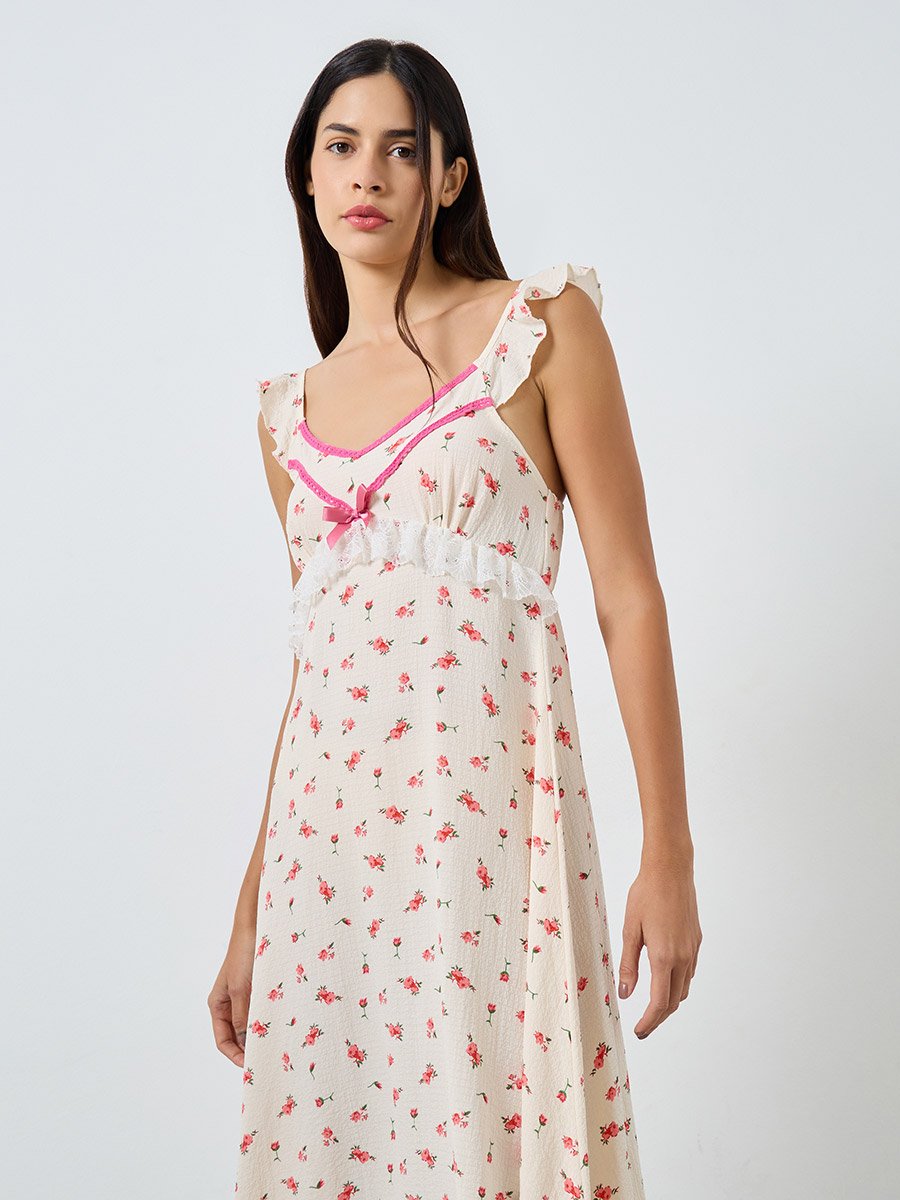 Ditsy Floral Lace Trim Ruffle Sleeve Slip Dress