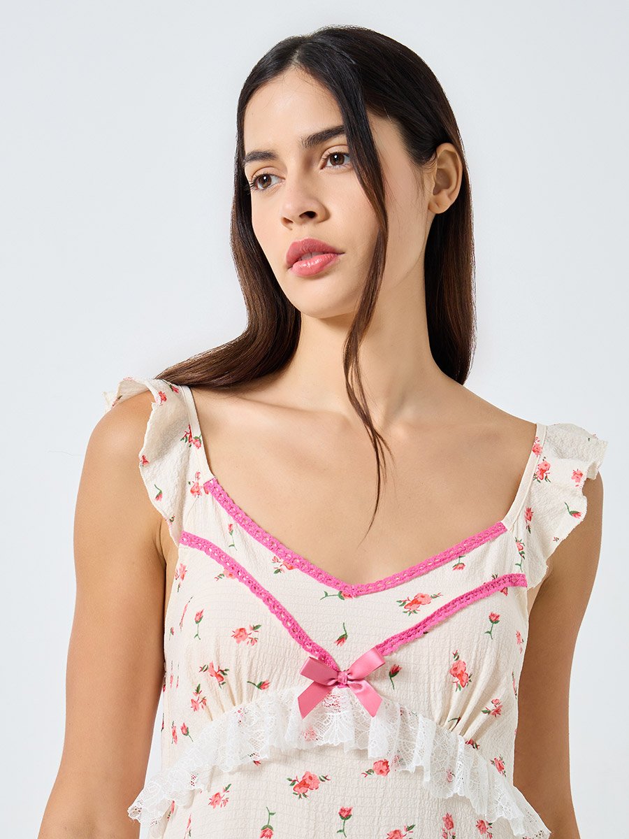 Ditsy Floral Lace Trim Ruffle Sleeve Slip Dress