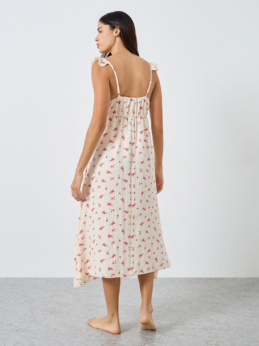 Ditsy Floral Lace Trim Ruffle Sleeve Slip Dress