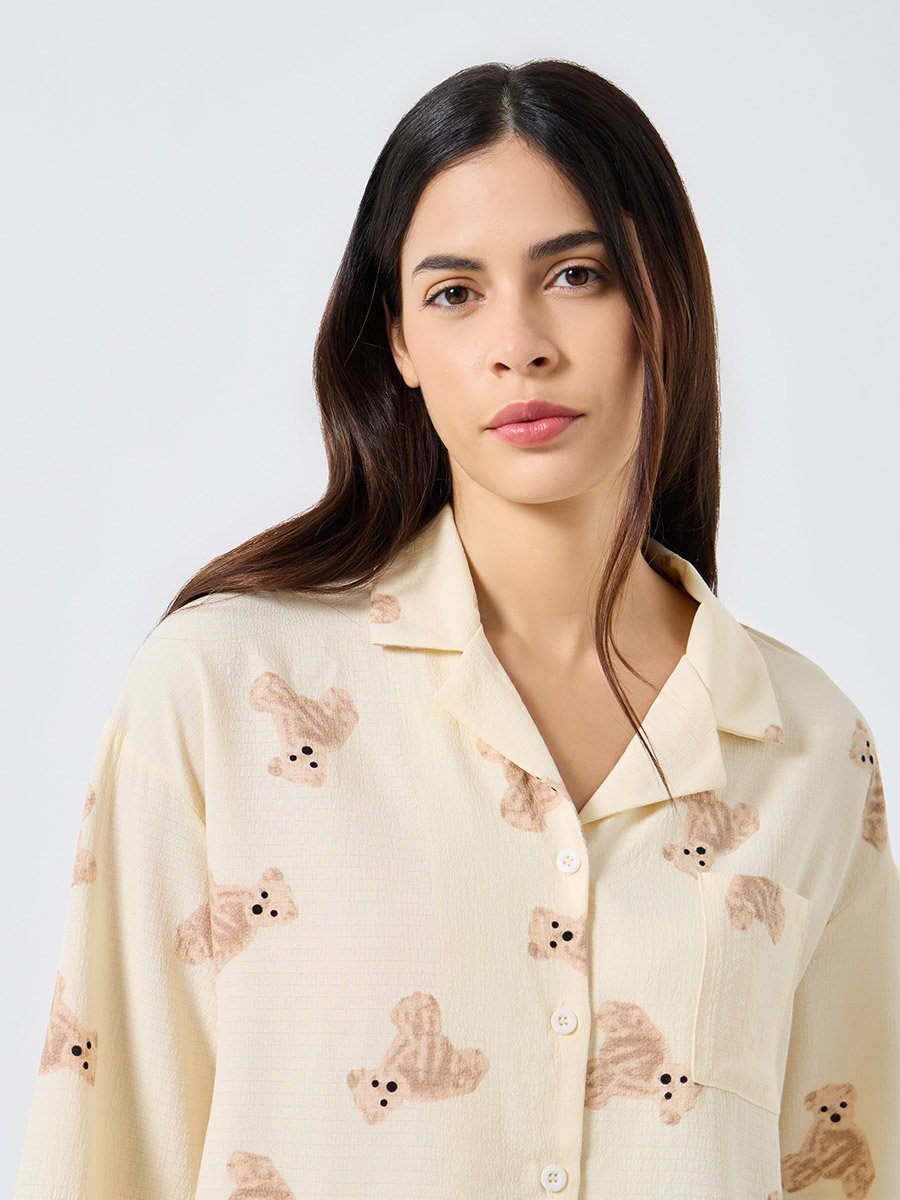 Teddy Print Shirt and Pyjama Set