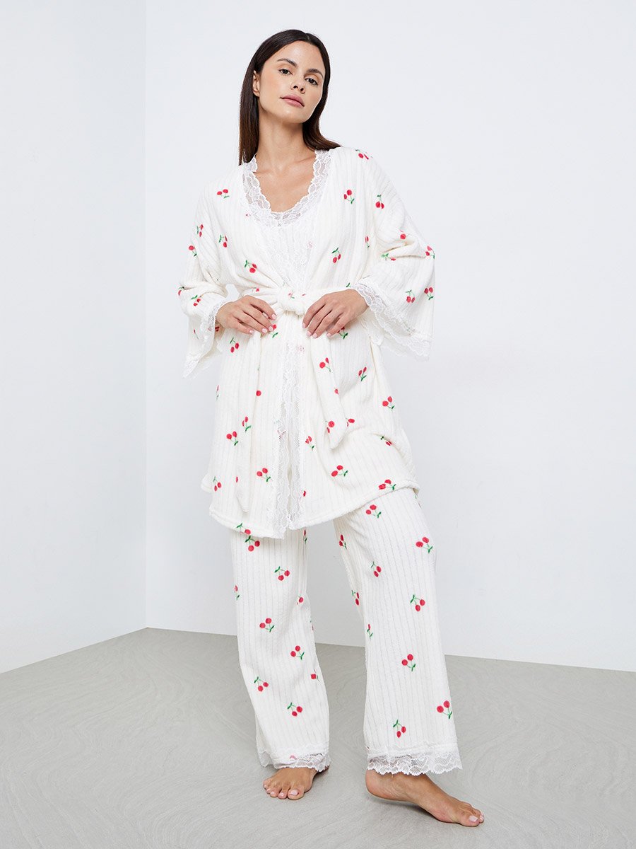 Pack of 3 - Cherry Print Lace Trim Fleece Rib Cami, Pyjama and Robe