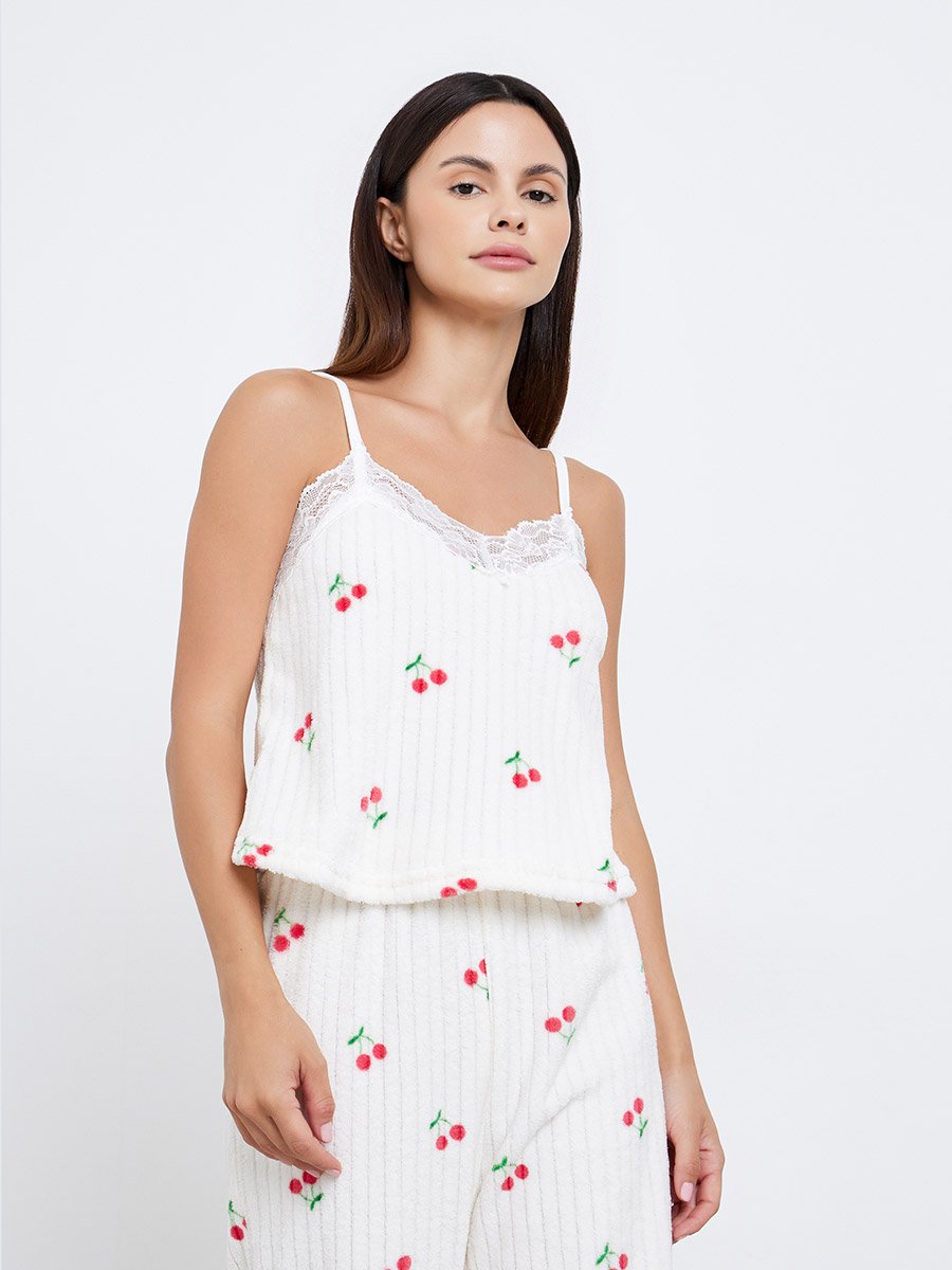 Pack of 3 - Cherry Print Lace Trim Fleece Rib Cami, Pyjama and Robe