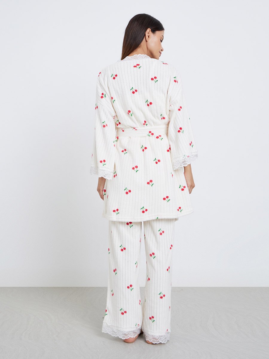 Pack of 3 - Cherry Print Lace Trim Fleece Rib Cami, Pyjama and Robe