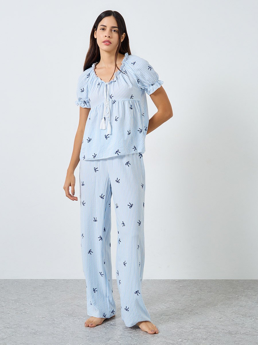 Bow Stripe Print Gathered Ruffle Top and Pyjama Set