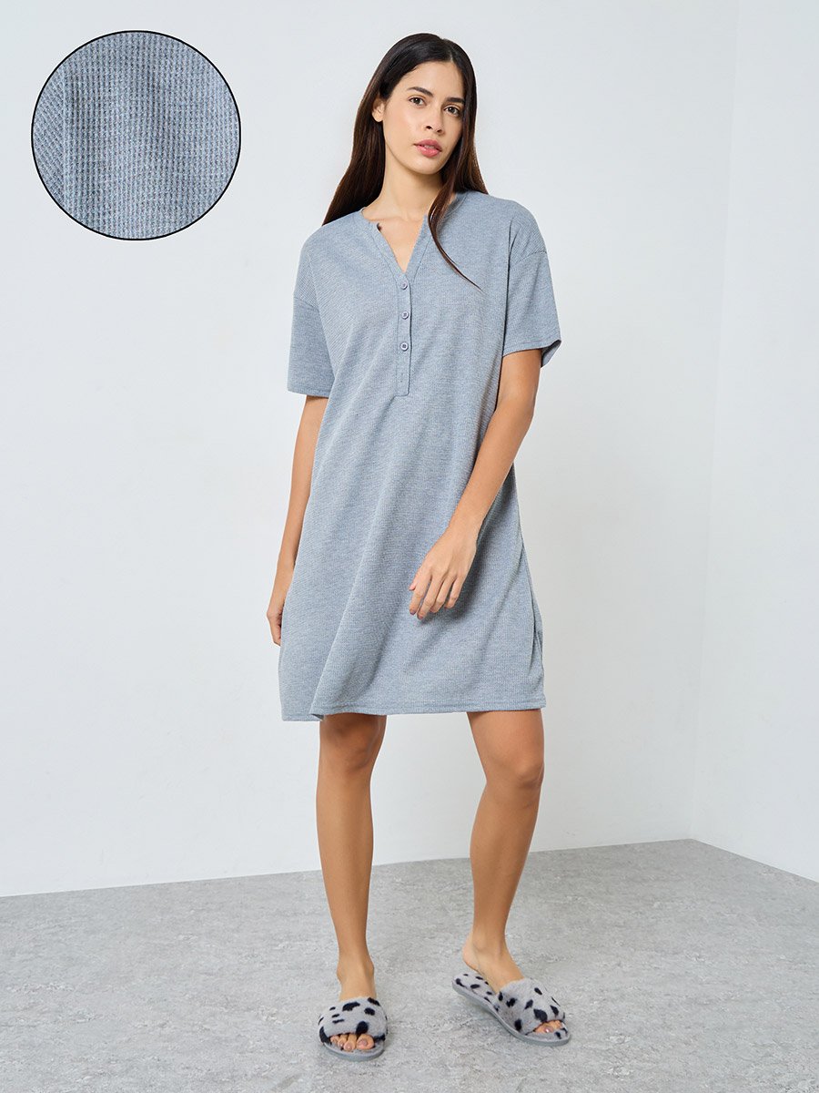 Waffle Textured Placket Sleep T-Shirt Dress