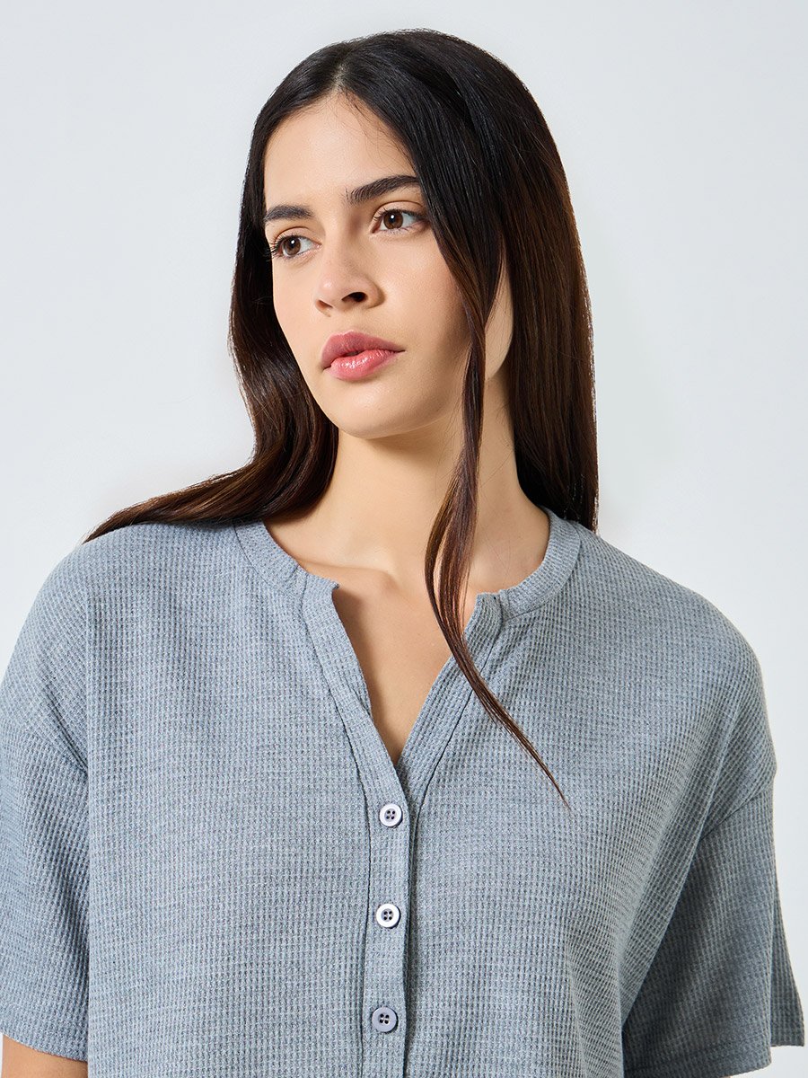Waffle Textured Placket Sleep T-Shirt Dress