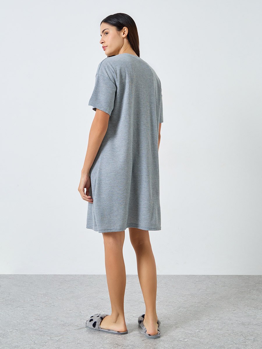Waffle Textured Placket Sleep T-Shirt Dress
