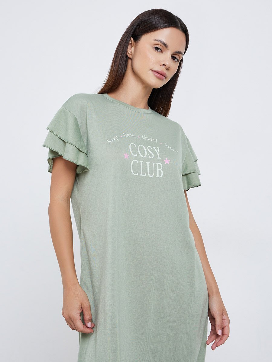 Cozy Club Print Ruffle Sleeve Sleep T-Shirt Dress