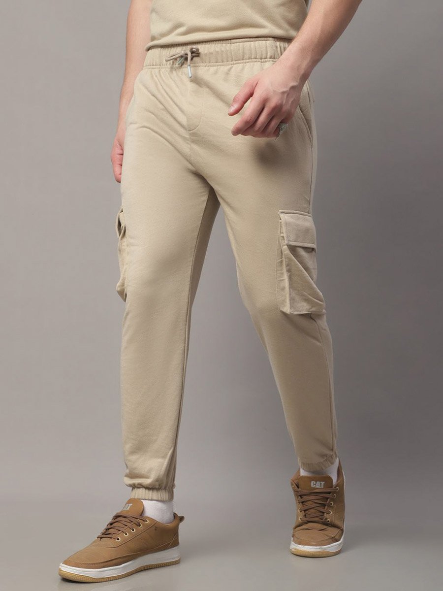 Men Beige Plain Cargo Joggers