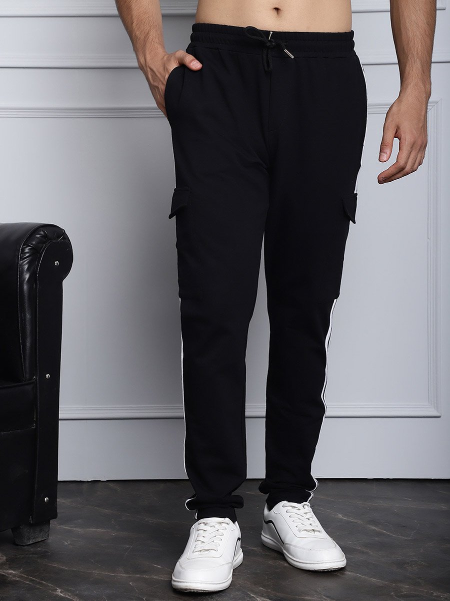 cargo pants joggers with side pockets Men Black Side Stripe Cargo Pocket Joggers For Men at UAE Styli