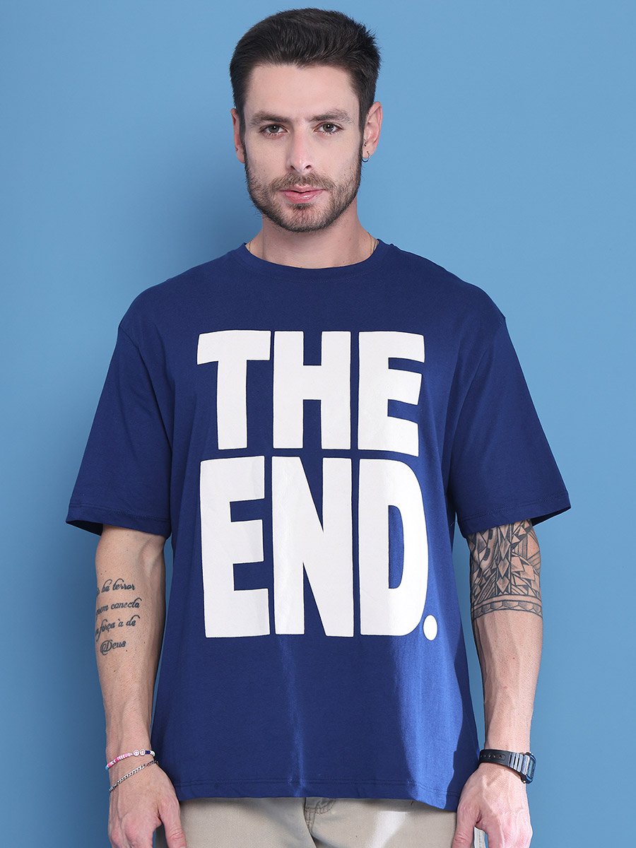Men Navy Blue Graphic Print Oversized T-Shirt