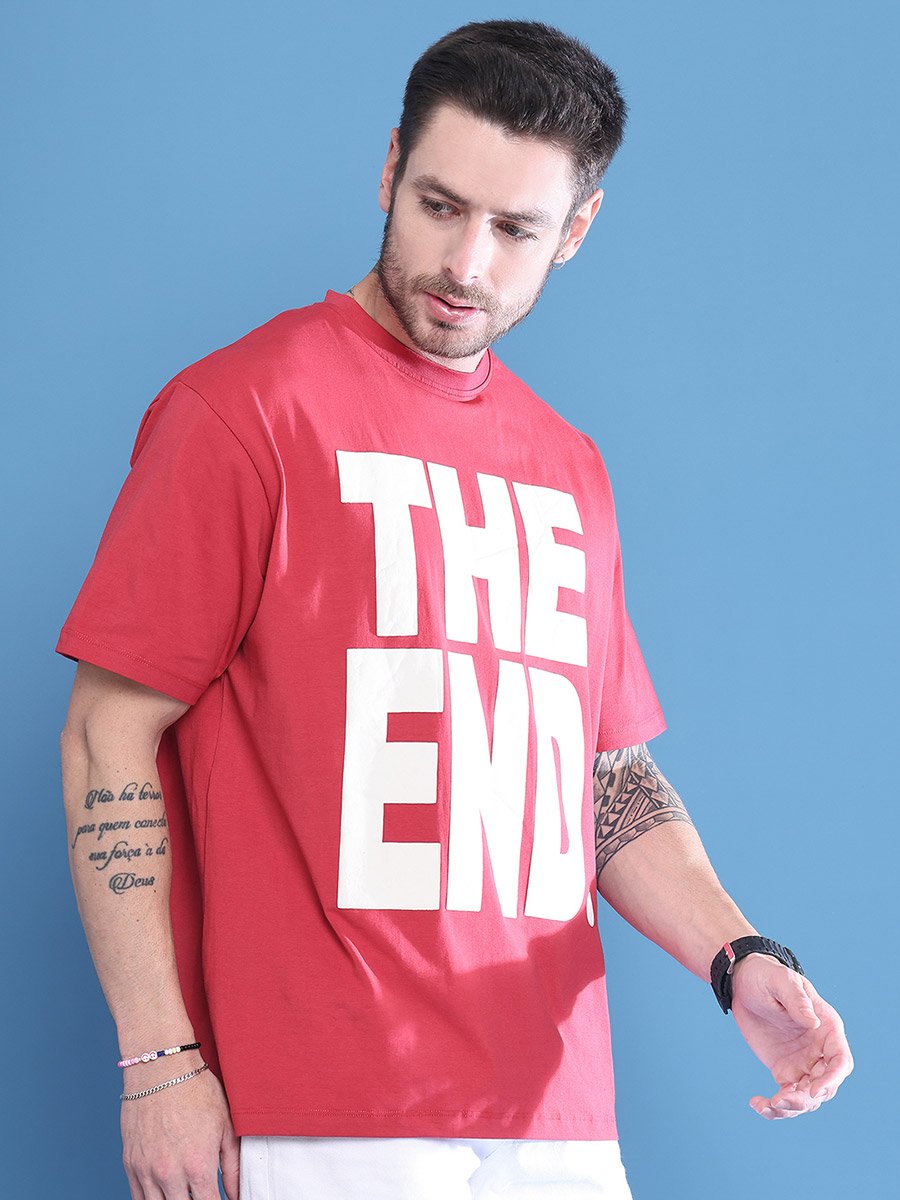 Men Red Graphic Print Oversized T-Shirt