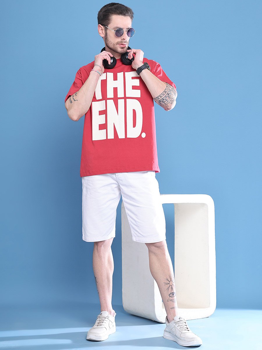 Men Red Graphic Print Oversized T-Shirt