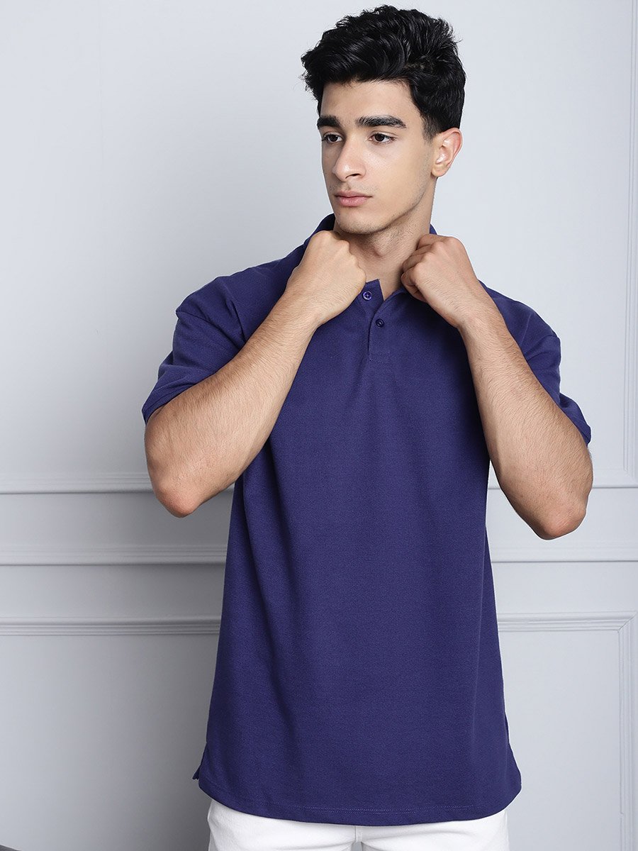 Men Navy Blue Oversized Polo T-Shirt