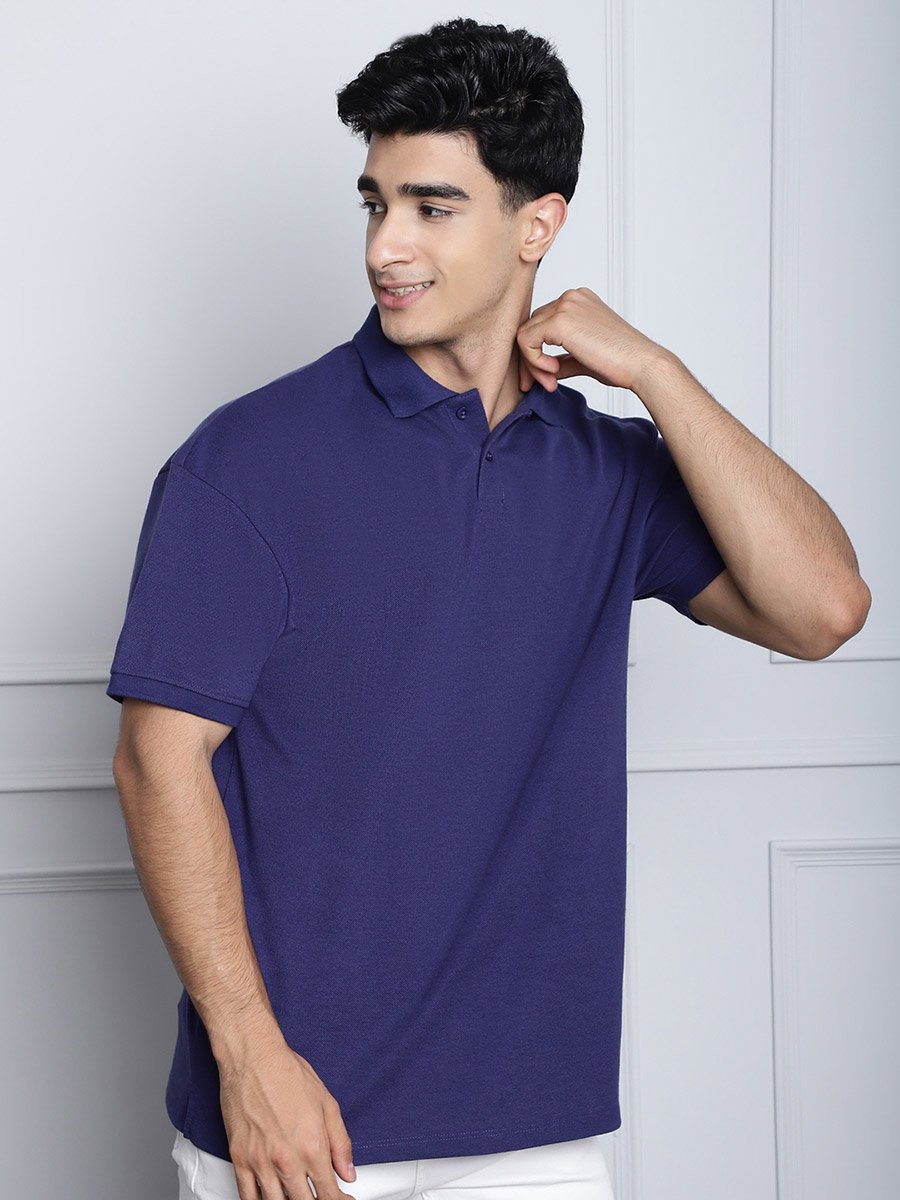 Men Navy Blue Oversized Polo T-Shirt