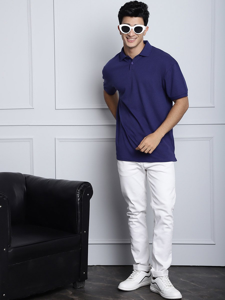 Men Navy Blue Oversized Polo T-Shirt