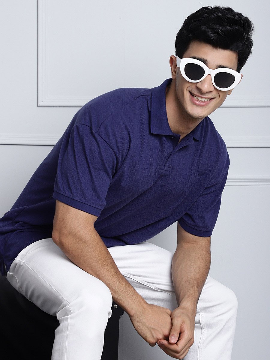 Men Navy Blue Oversized Polo T-Shirt